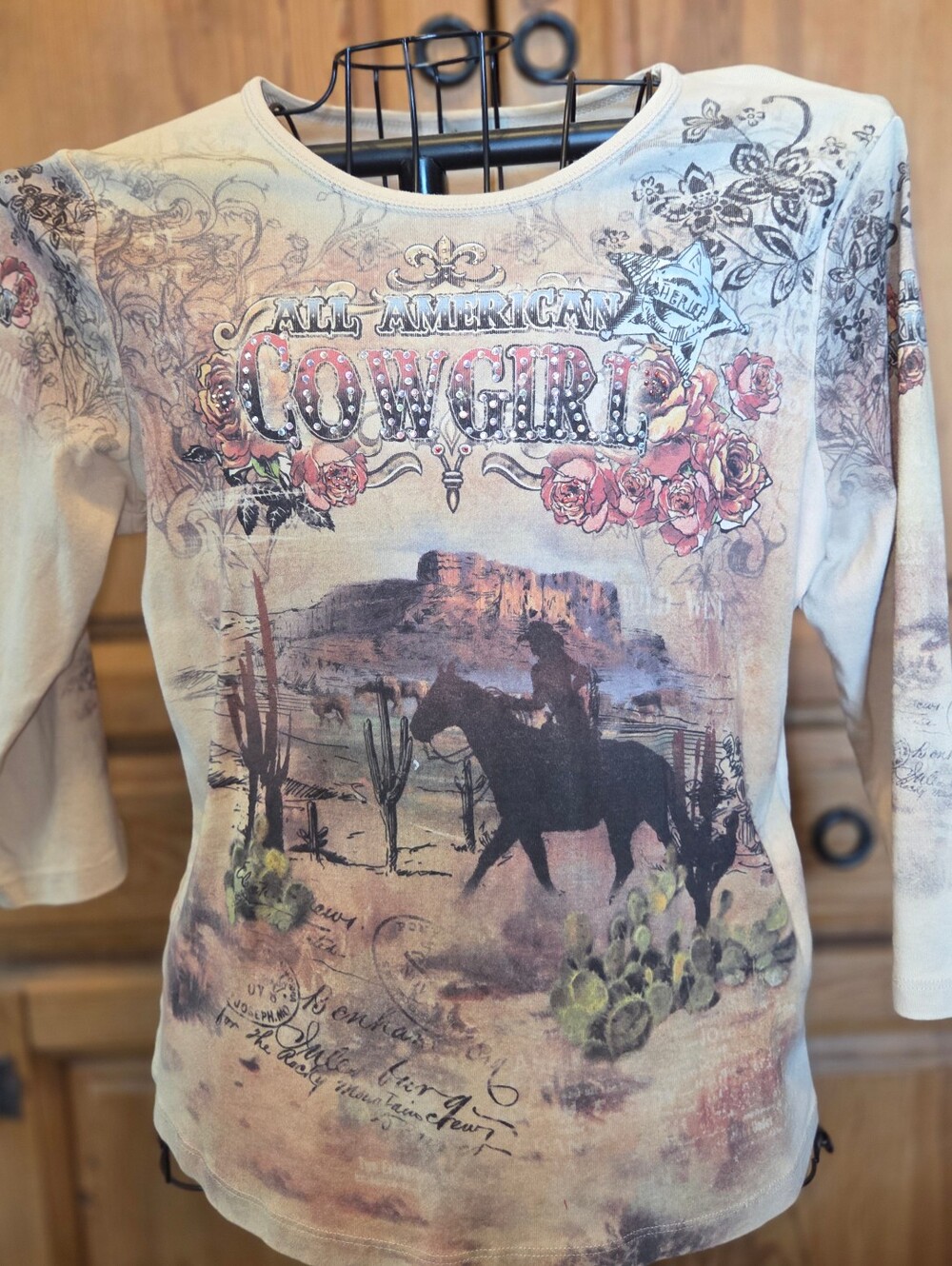 Cactus Sz XL All American Cowgirl Western 3/4 Sleeve Tee Top